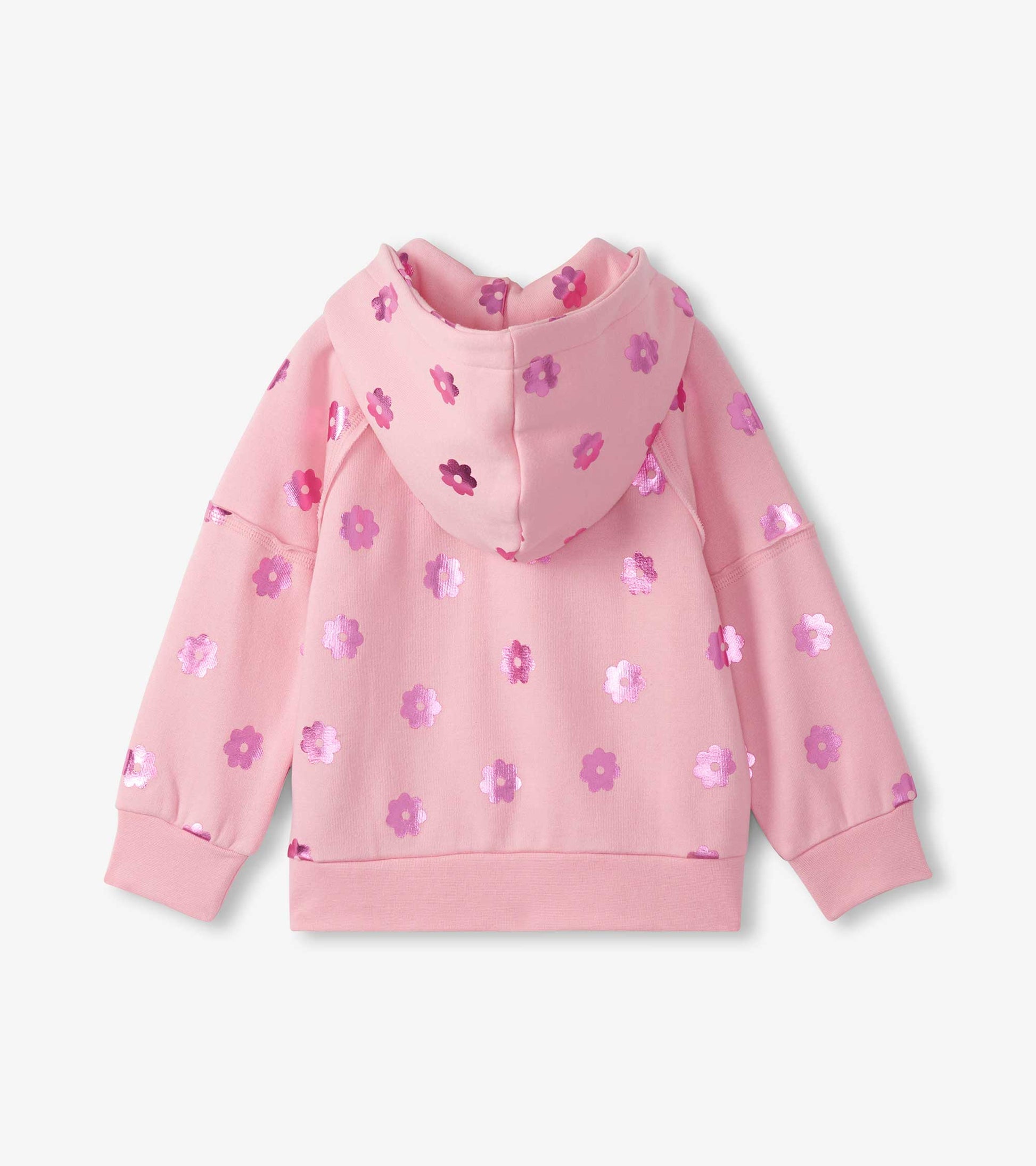 Pink girls hoodie with purple floral print, hood, long sleeves, and ribbed cuffs and hem, back view