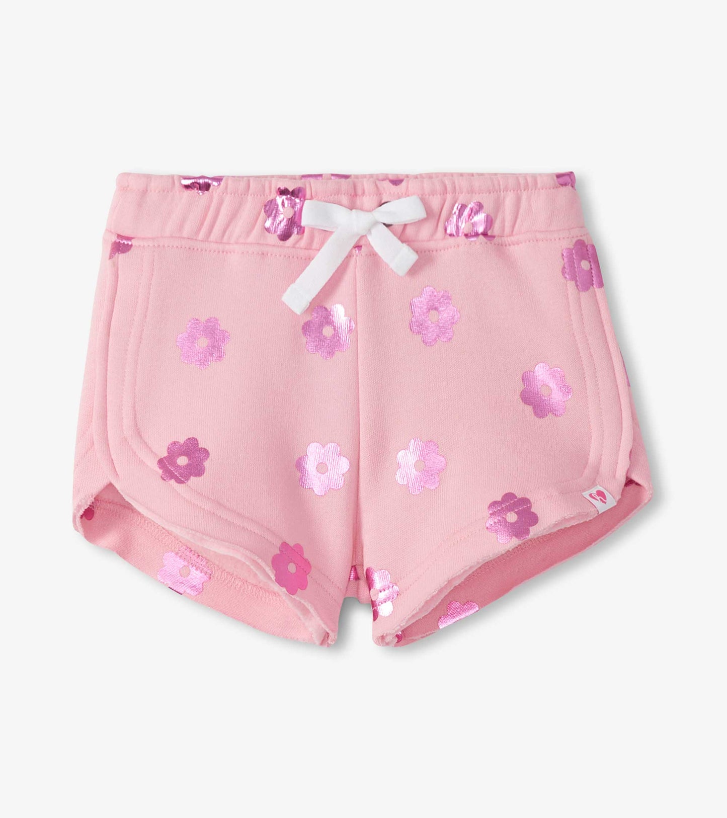Pink girls pull-on shorts with floral print, white drawstring, front view