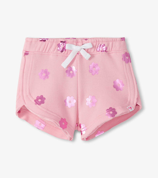 Pink girls pull-on shorts with floral print, white drawstring, front view