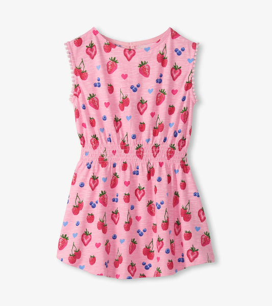 Pink sleeveless girls dress with strawberry, blueberry and heart print, smocked waist and pom-pom trim sleeves