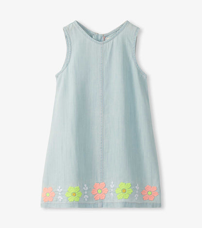 Girls Soft Blue Tencel Embroidered Pinafore Dress