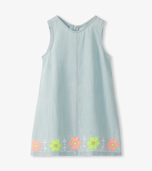 Girls Soft Blue Tencel Embroidered Pinafore Dress