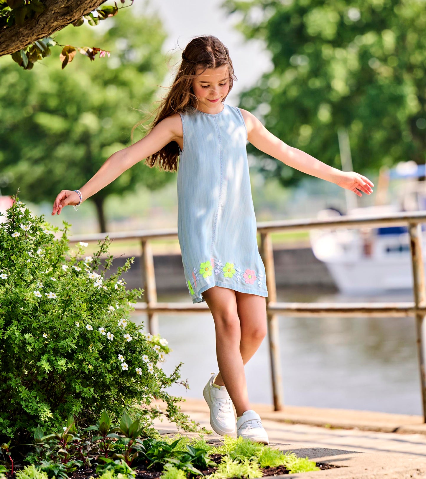 Girls Soft Blue Tencel Embroidered Pinafore Dress