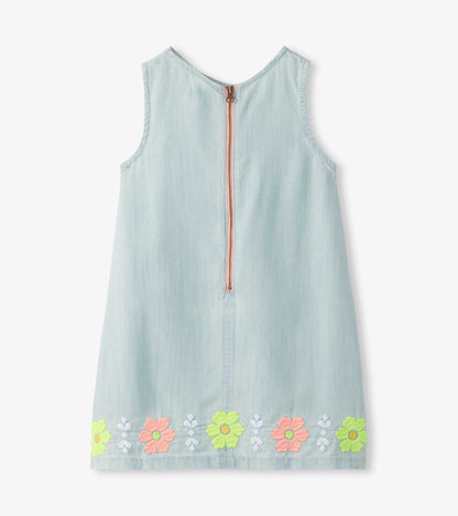 Girls Soft Blue Tencel Embroidered Pinafore Dress