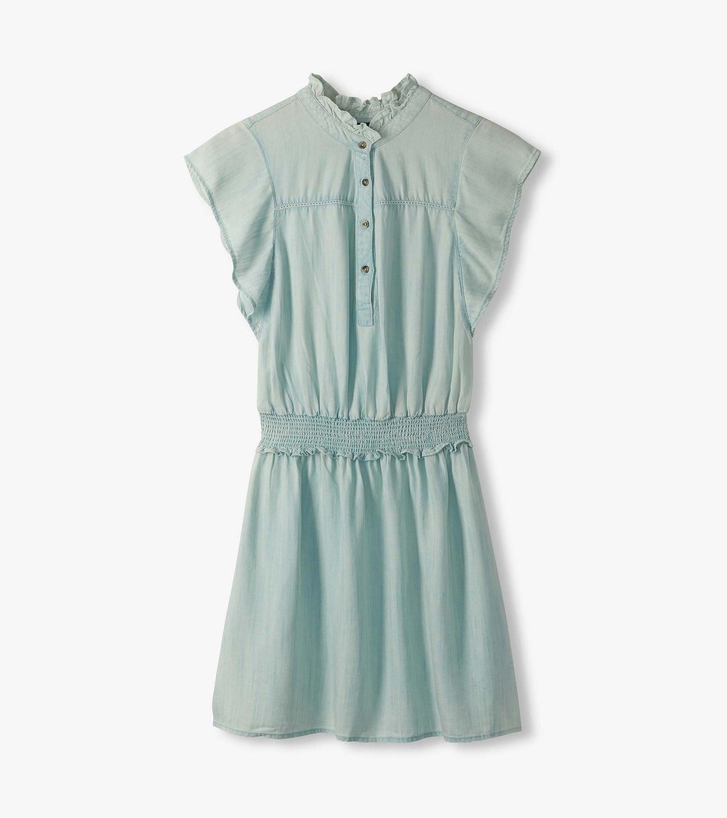 Light blue short-sleeve dress with ruffled collar, button front, smocked waist, and flared skirt, front view