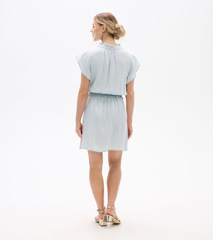 Light blue short-sleeve dress with ruffled neckline, elastic waist, and relaxed knee-length silhouette, back view