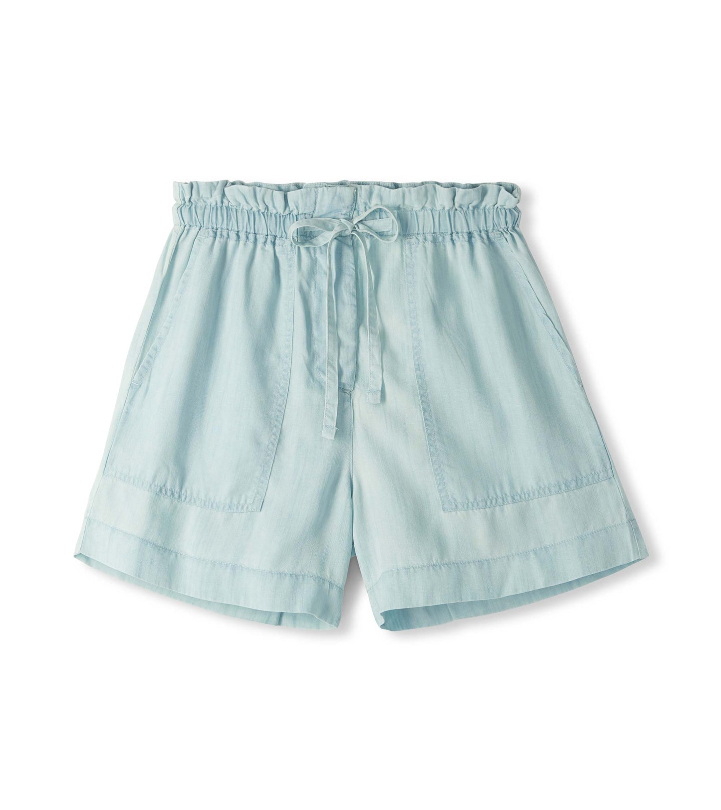 Light blue drawstring shorts with an elastic waistband and wide legs, front view