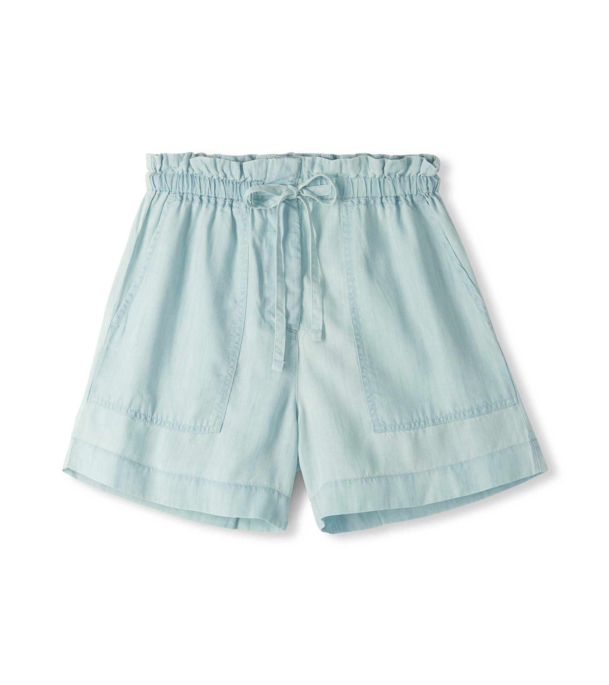 Light blue drawstring shorts with an elastic waistband and wide legs, front view