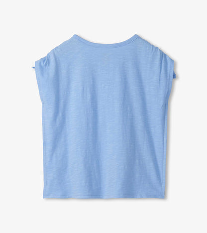 Light blue short-sleeve girls top with a cinched shoulder detail, back view