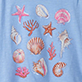 View Girls Sea Shell Cinched Shoulder Top - Collection of seashells and starfish on a light blue background