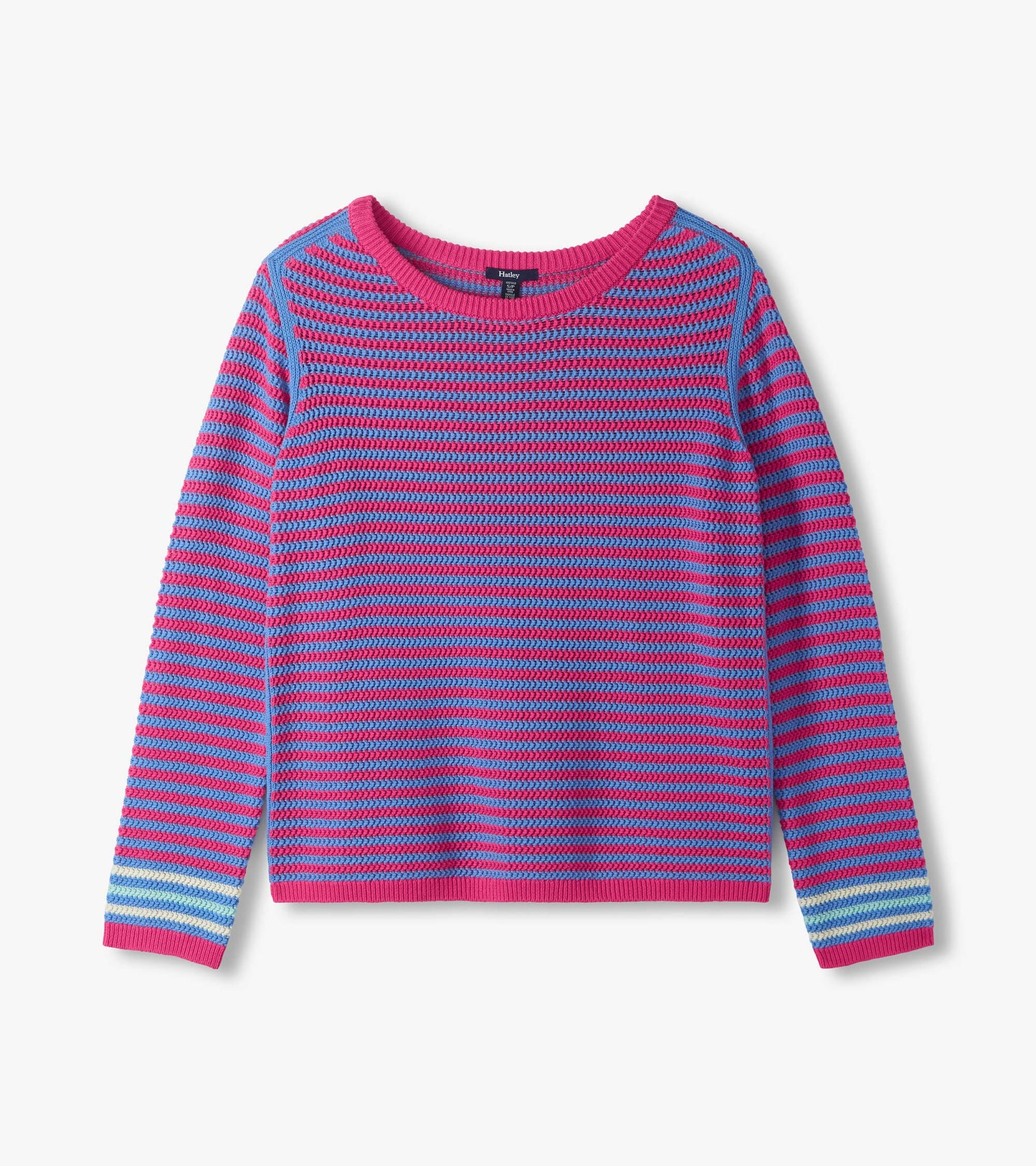 Pink and blue striped knit sweater with long sleeves and crew neck, front view