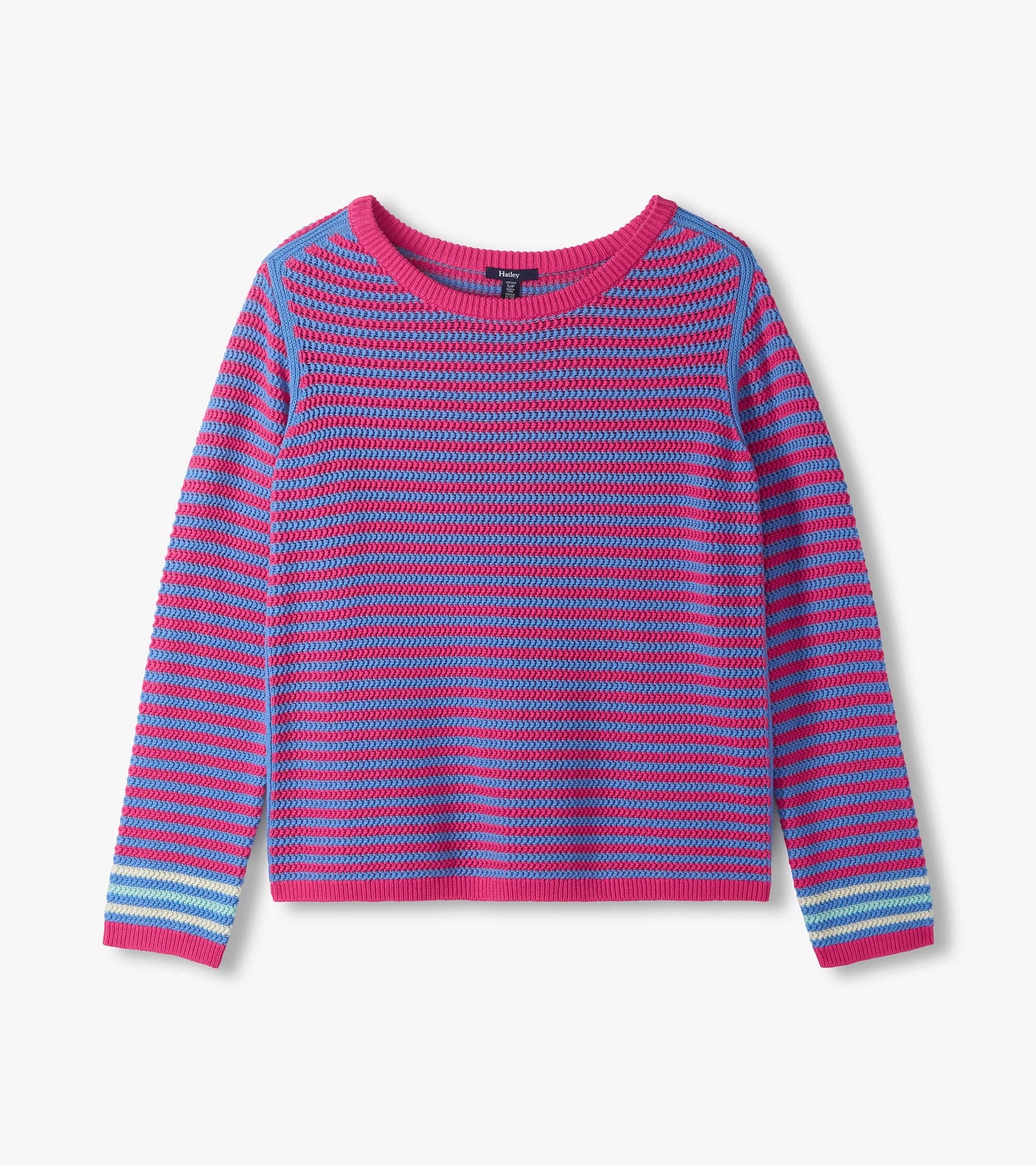 Pink and blue striped knit sweater with long sleeves and crew neck, front view
