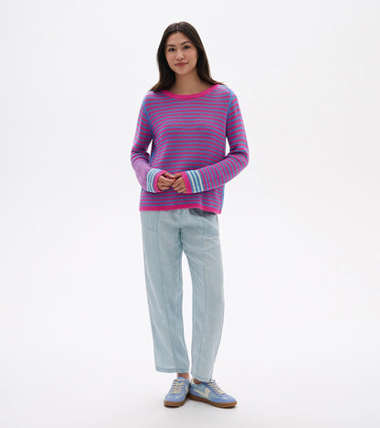 Front view of a pink and blue striped pointelle knit sweater with long sleeves and crew neck