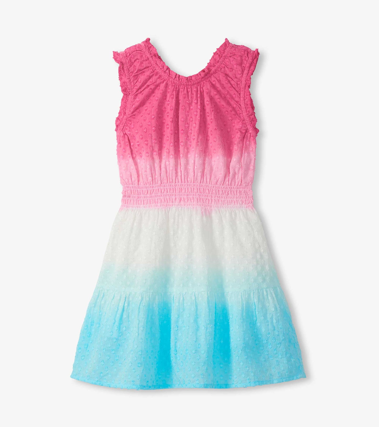 Girls sleeveless gathered dress with pink-to-blue dip dye and textured fabric, front view