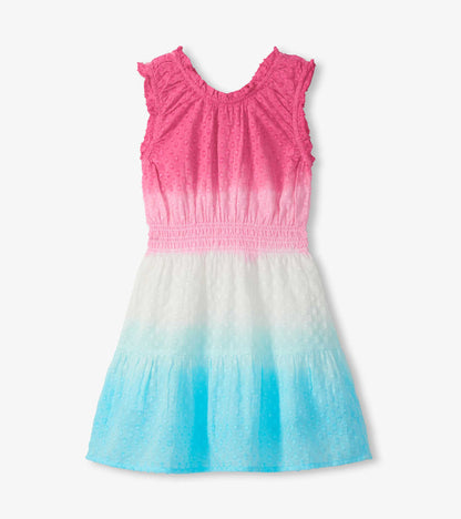 Girls sleeveless gathered dress with pink-to-blue dip dye and textured fabric, front view