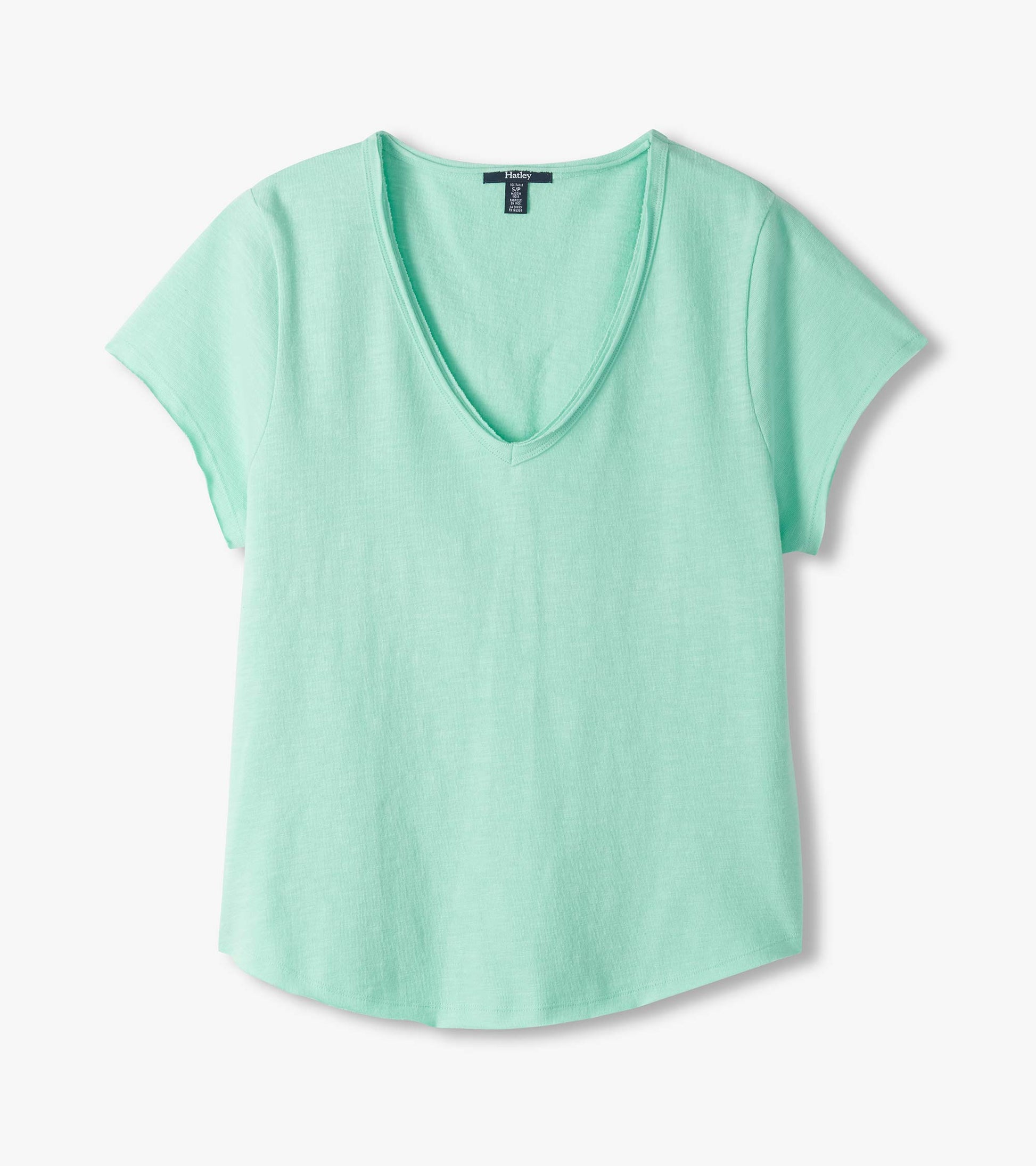 Mint green V-neck short-sleeve tee with a relaxed fit, front view
