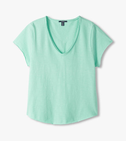 Mint green V-neck short-sleeve tee with a relaxed fit, front view