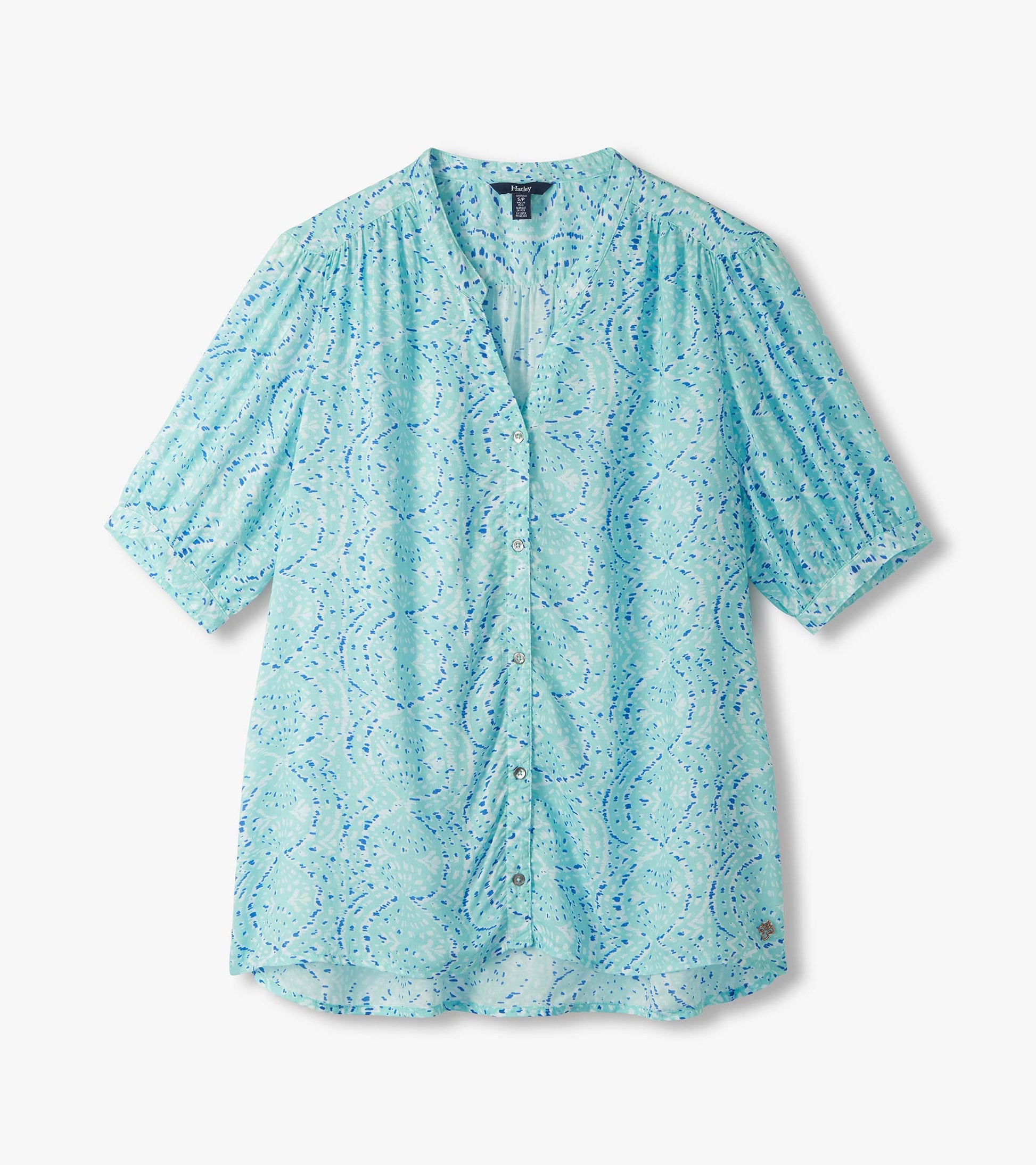 Mint green and blue patterned short-sleeve button-front blouse with V-neck and relaxed fit, front view