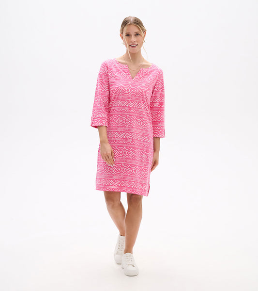 Pink patterned knee-length dress with notch neck and 3/4 sleeves, front view