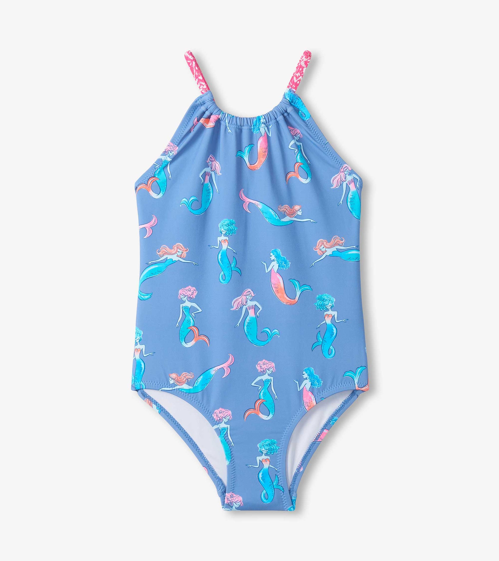 Girls blue one-piece swimsuit with mermaid print and pink straps, front view