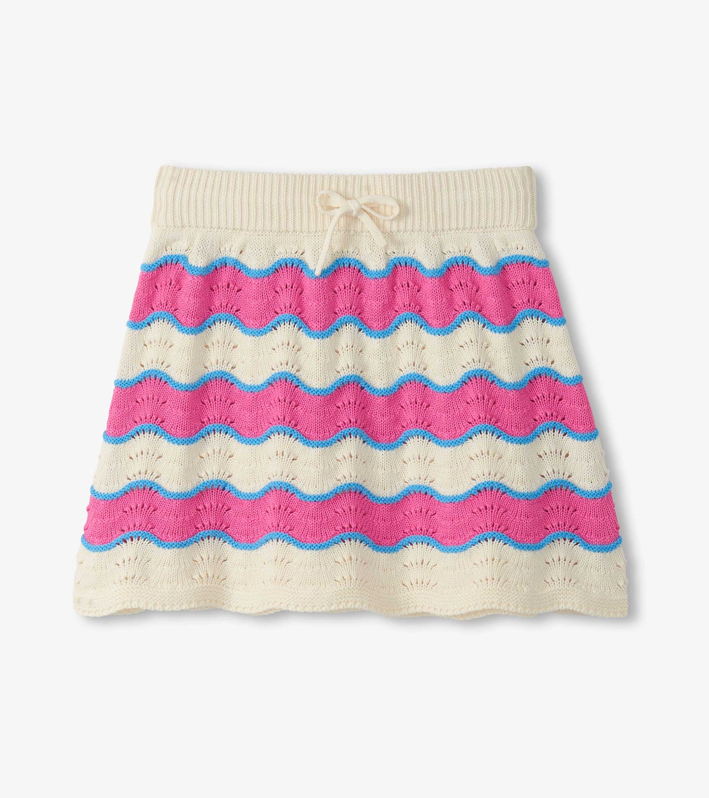 Girls cream crochet skirt with pink and blue wavy stripes and drawstring waist, front view