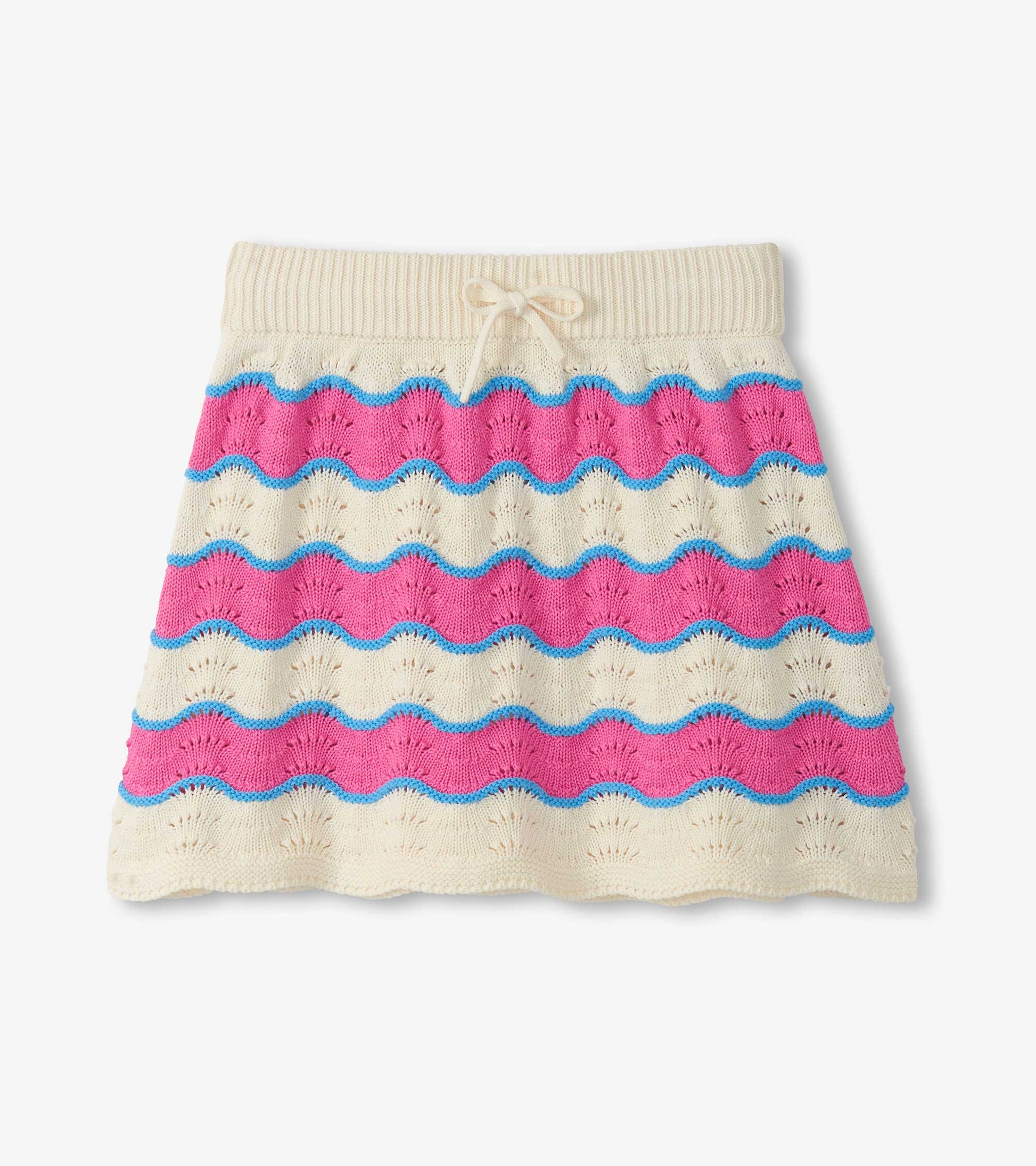 Girls cream crochet skirt with pink and blue wavy stripes and drawstring waist, front view