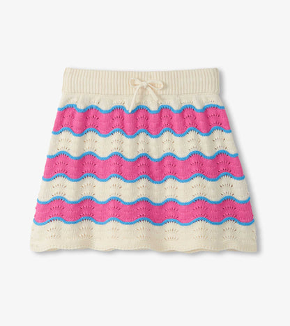 Girls cream crochet skirt with pink and blue wavy stripes and drawstring waist, front view