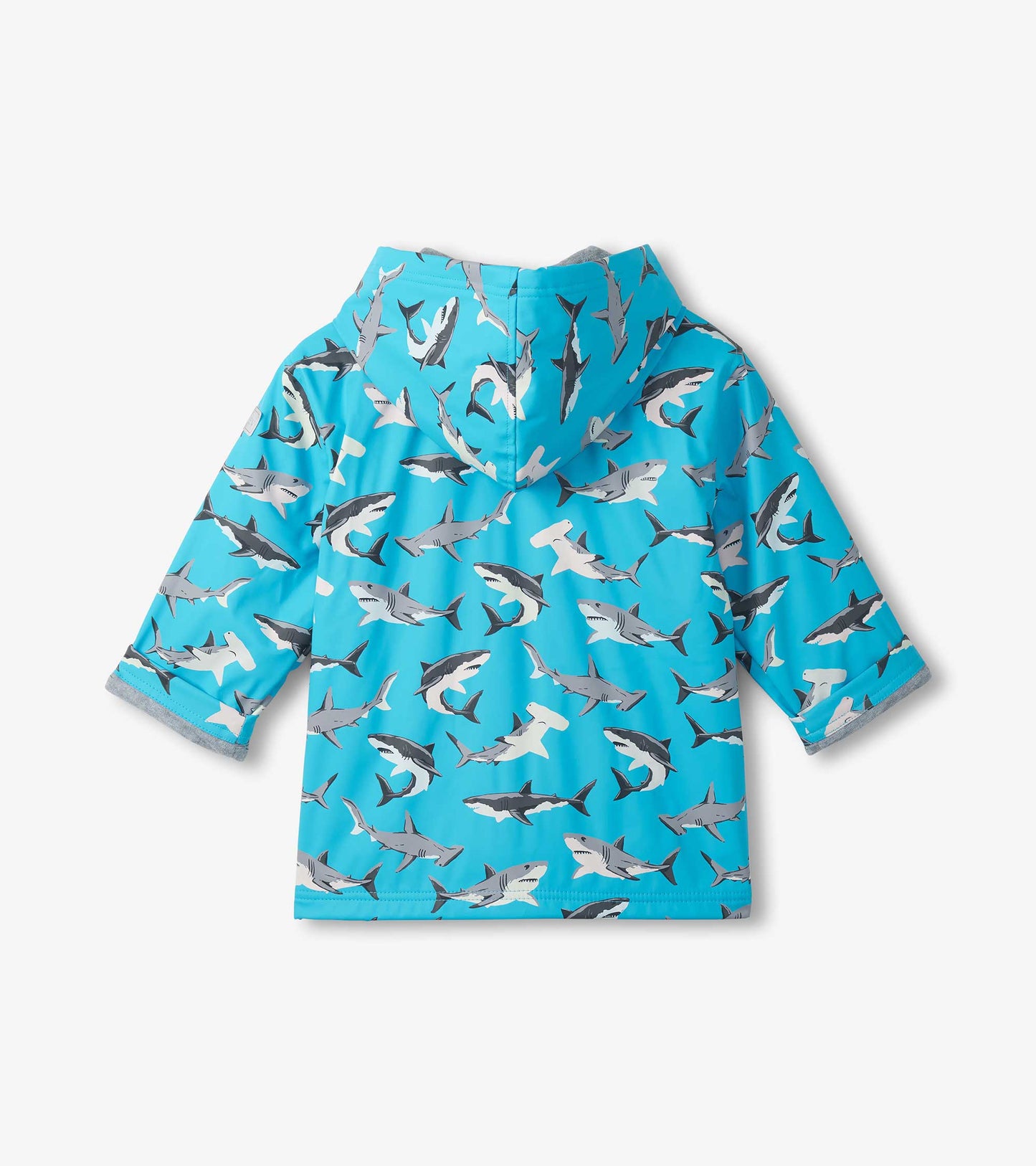 Blue hooded kids rain jacket with allover shark print, back view