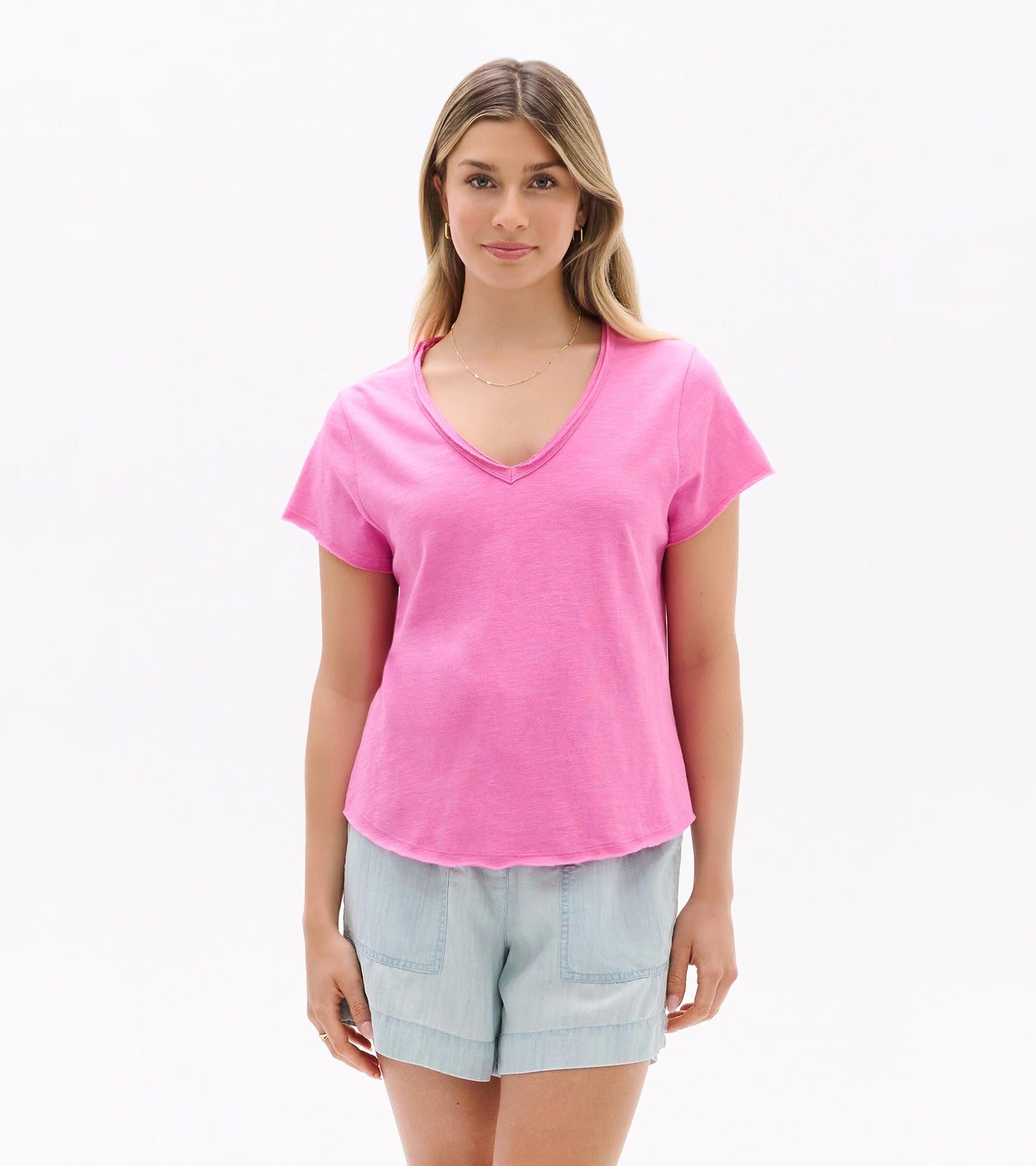 Sadie V-Neck Tee - Super Pink