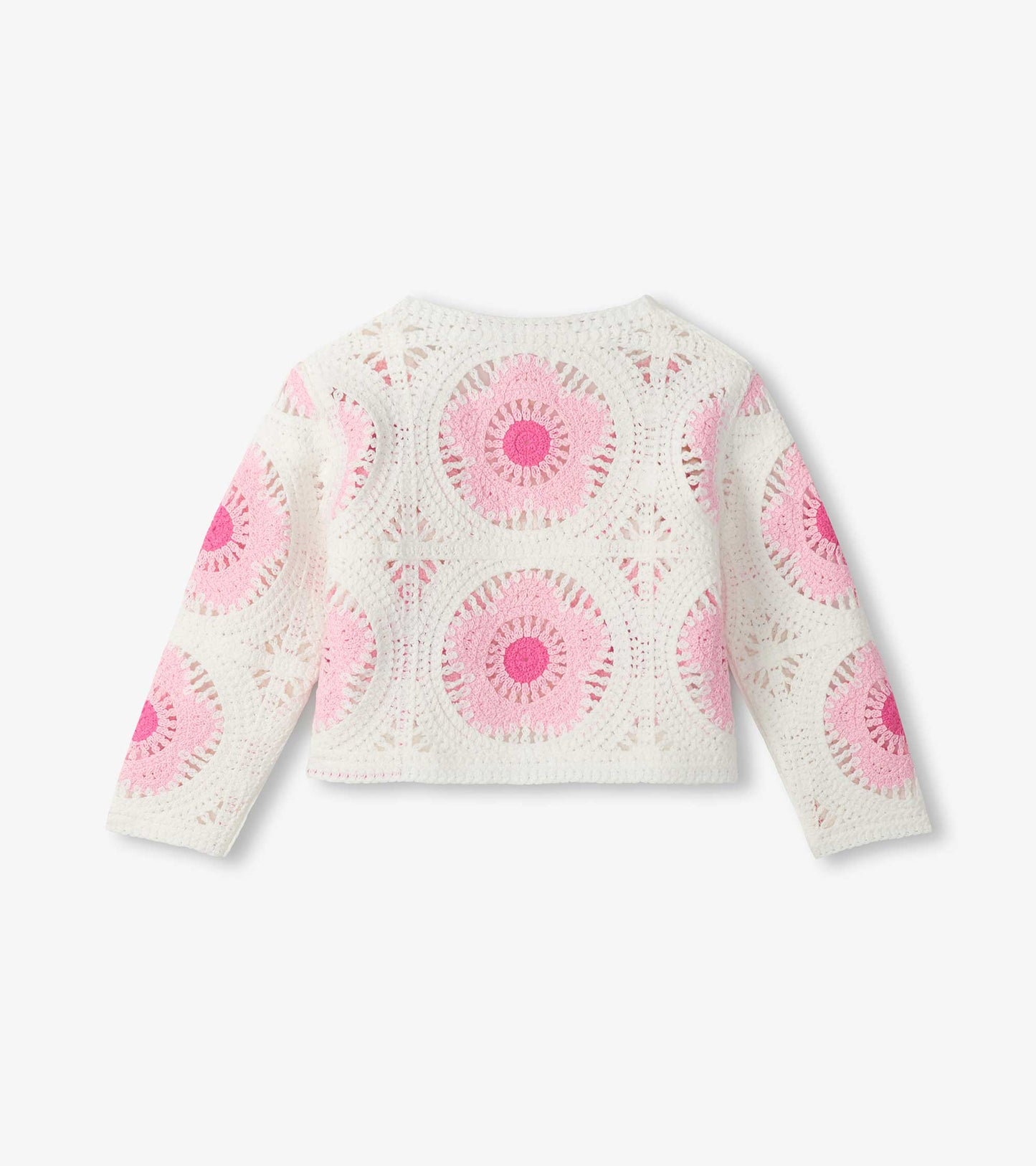 Cream crochet cardigan with pink circular floral pattern, long sleeves, front view