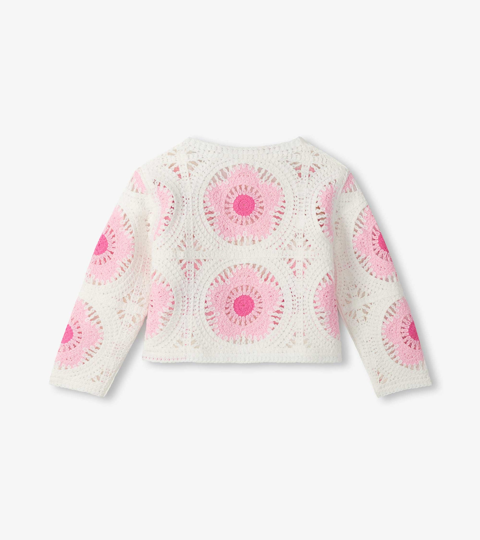 Cream crochet cardigan with pink circular floral pattern, long sleeves, front view