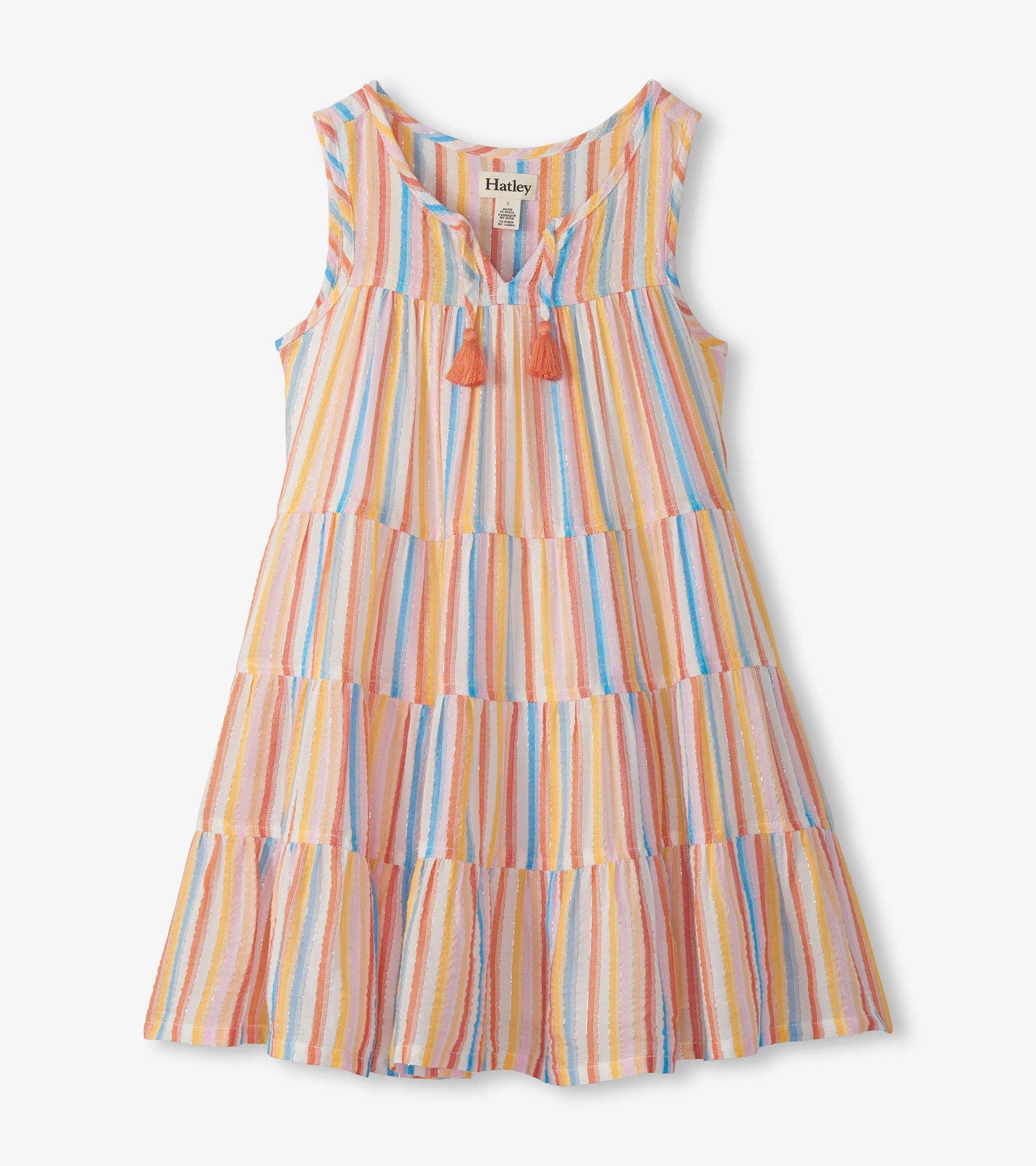 Sleeveless tiered dress with pastel vertical stripes, notched neckline, and coral tassel ties