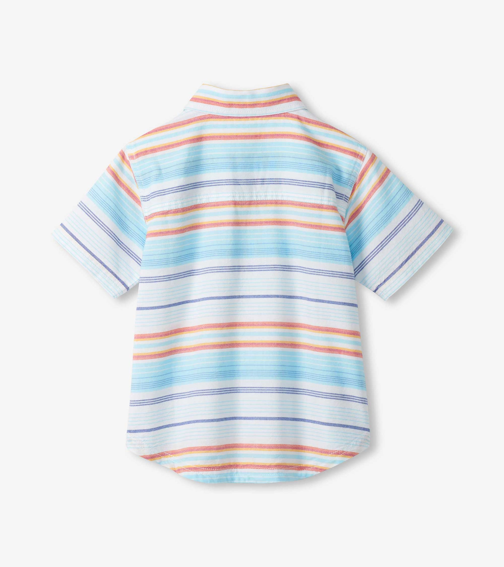 Back view of a short-sleeve button-down shirt with pastel horizontal stripes in blue, pink, orange, and purple