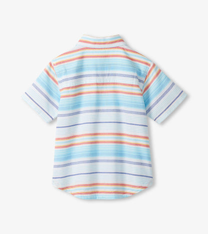 Back view of a short-sleeve button-down shirt with pastel horizontal stripes in blue, pink, orange, and purple
