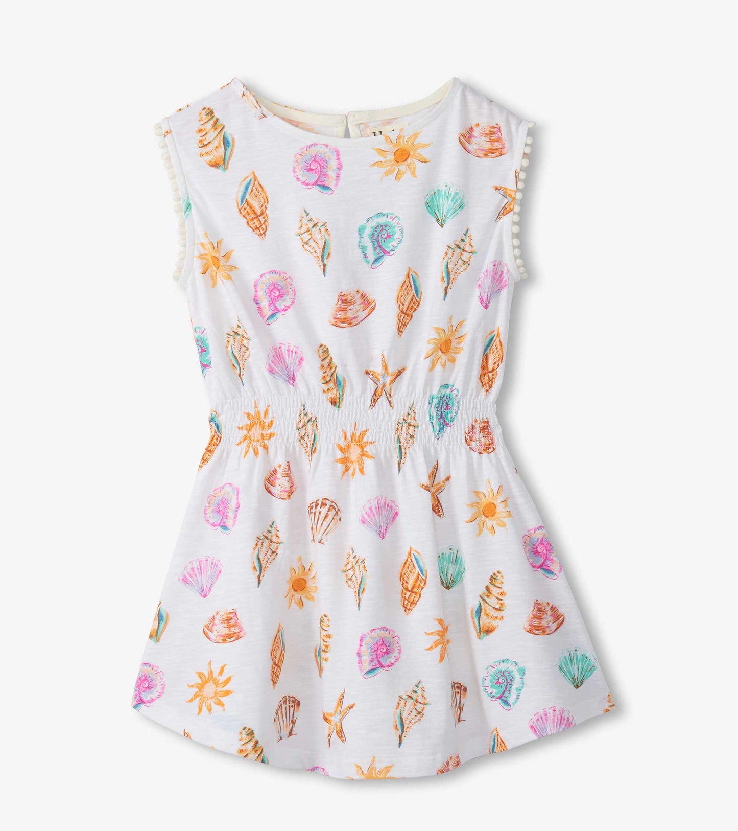 Sleeveless white girls dress with colorful seashell and sun print, smocked waist, front view