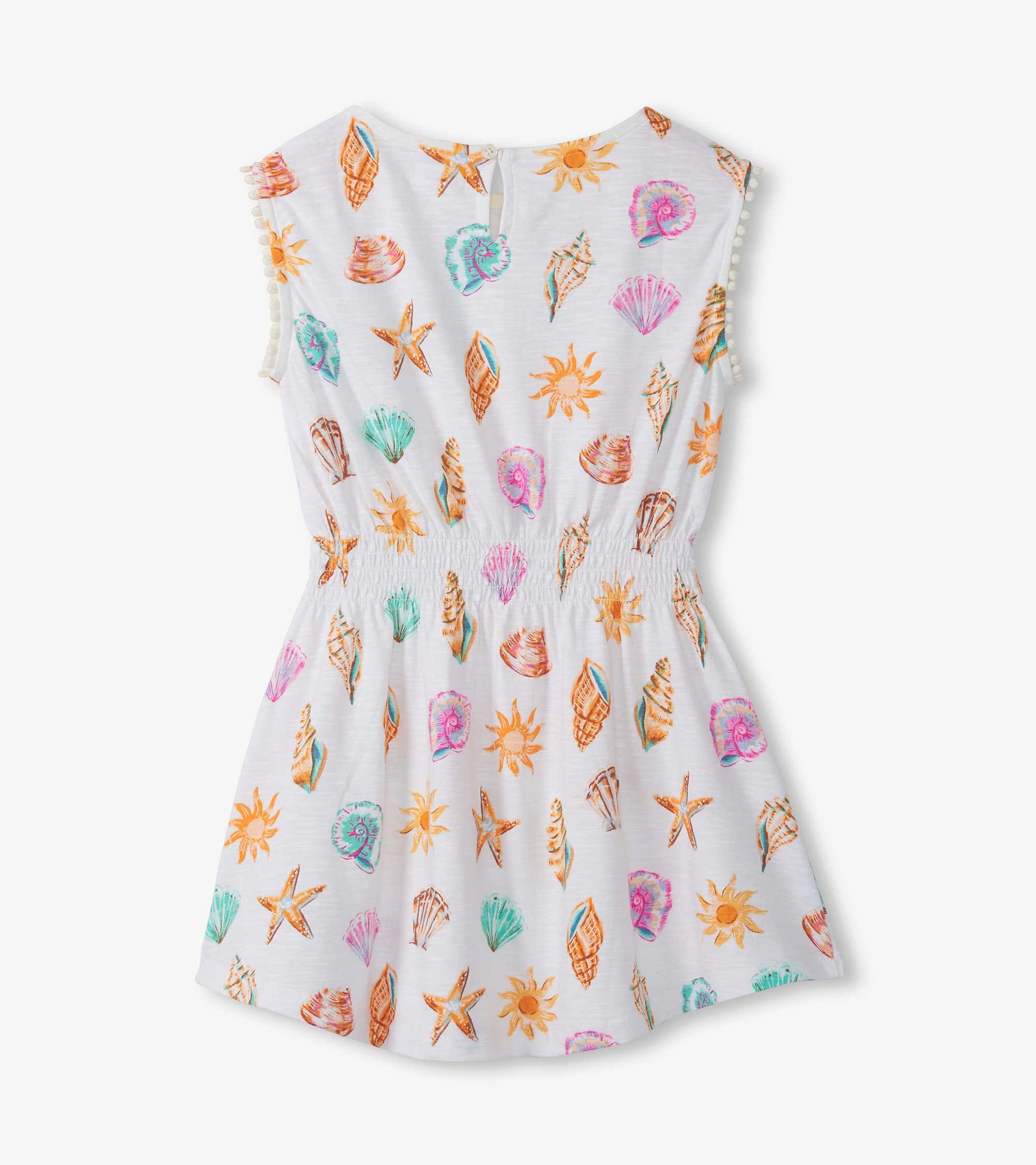 White sleeveless girls dress with colorful seashell and starfish print, smocked waist and flared skirt