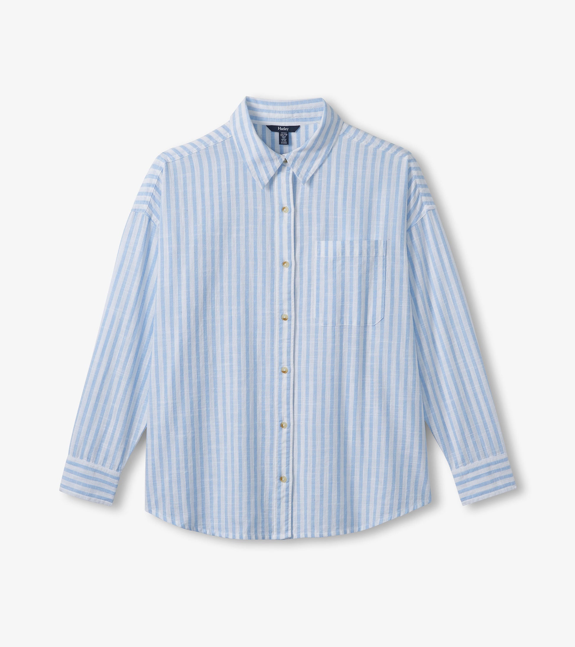 Blue and white striped button-down shirt with point collar, chest pocket, and curved hem