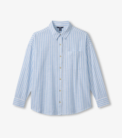 Blue and white striped button-down shirt with point collar, chest pocket, and curved hem