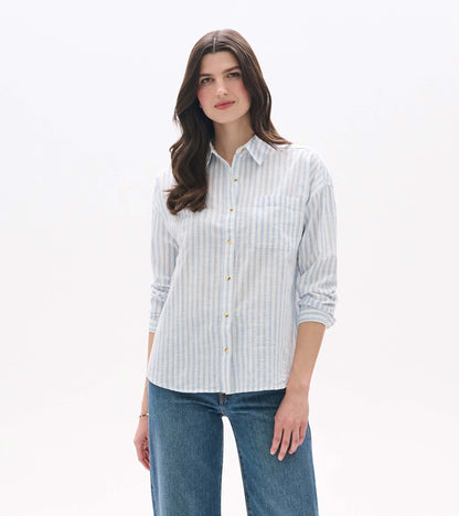 Front view of relaxed blue and white striped button-down shirt with chest pocket