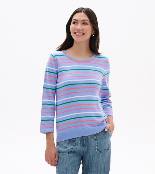 Woman wearing a light blue knit top with multicolor horizontal stripes and 3/4 sleeves, front view