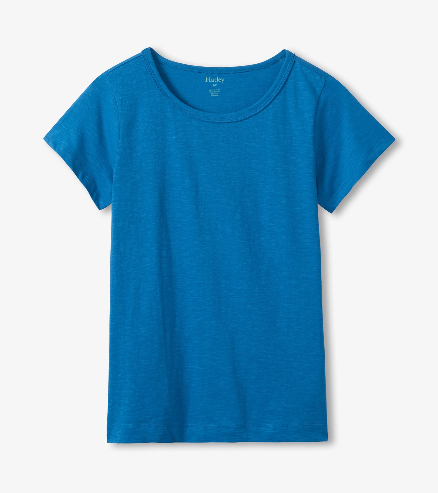 Blue short-sleeve crew neck tee with a heathered texture, shown front view.