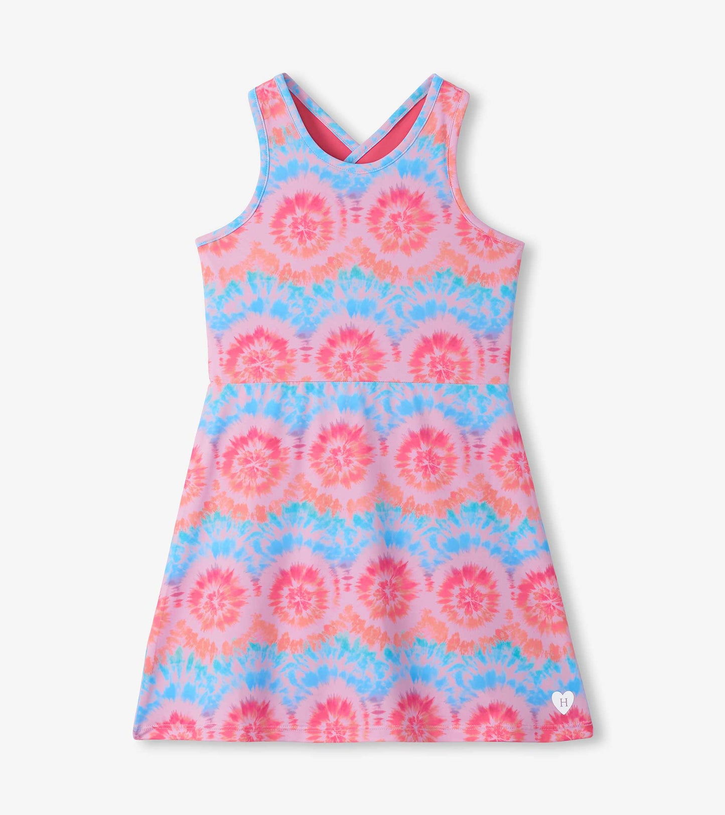 Girls tie-dye A-line dress with crisscross back straps in pink, blue, and coral.