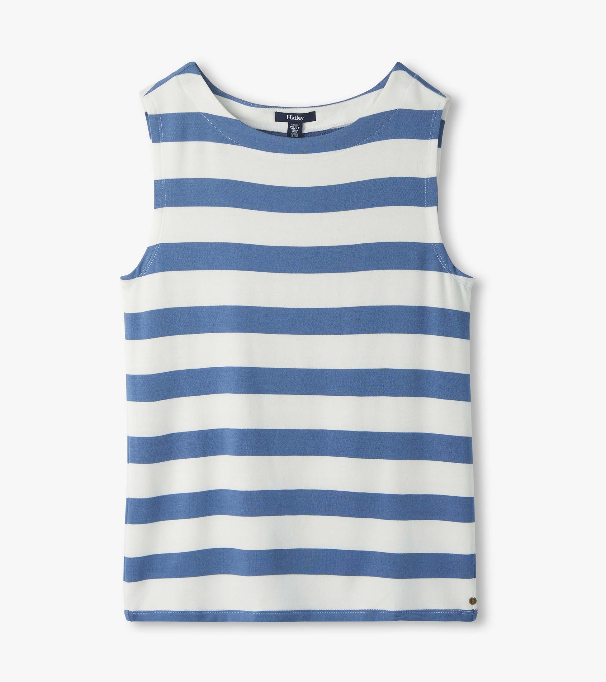 Sleeveless white tank top with wide blue horizontal stripes, front view