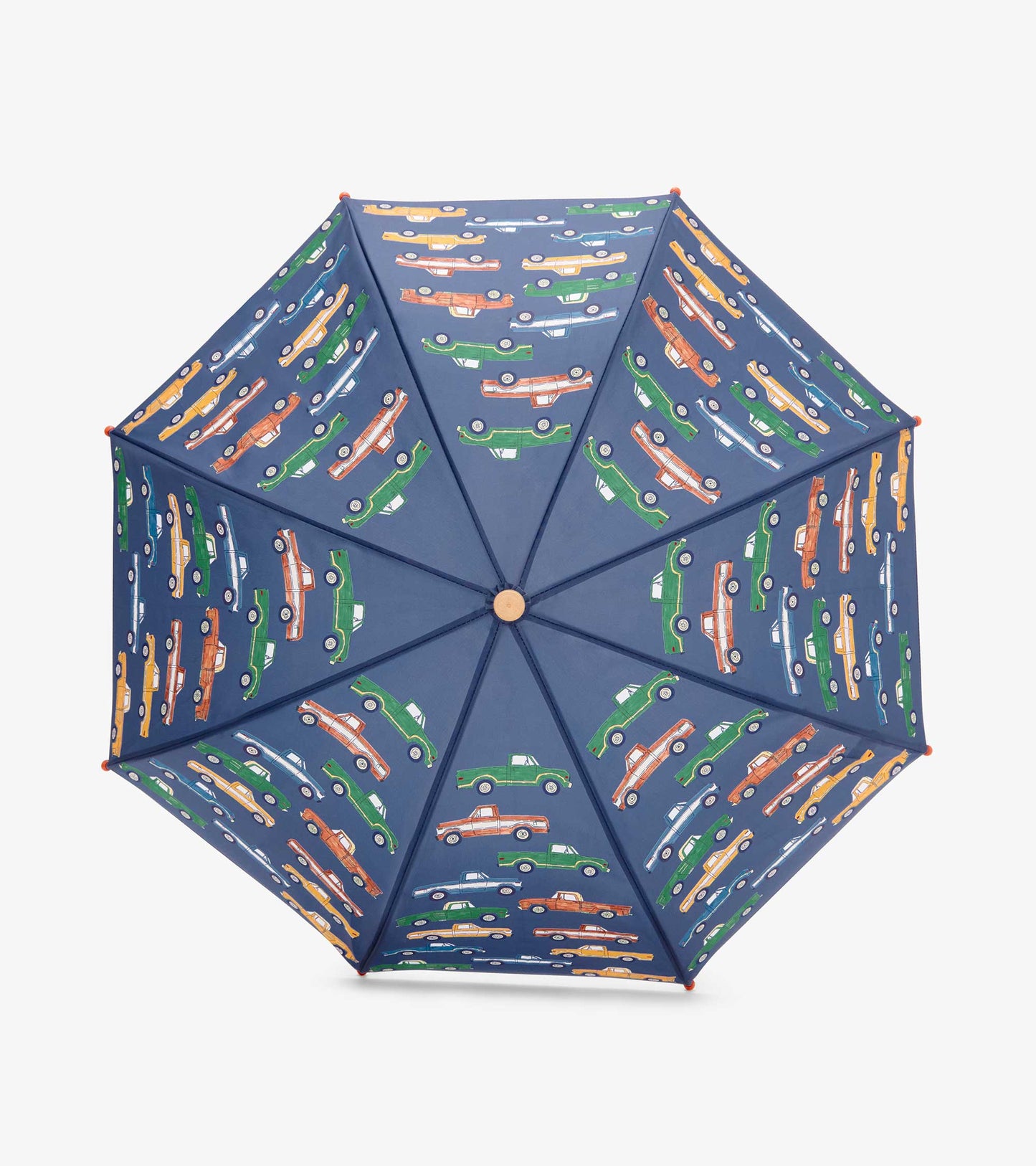 Navy kids umbrella with colorful vintage car print and wooden handle tip