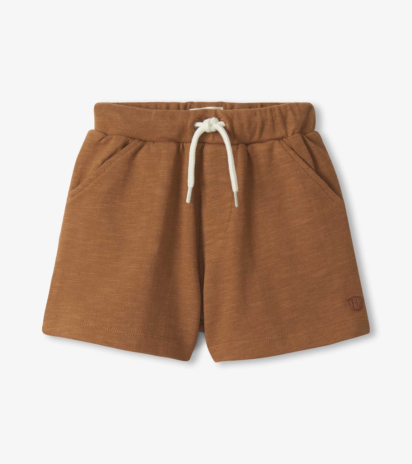 Brown toddler pull-on shorts with elastic waistband, white drawstring, and front pockets, front view