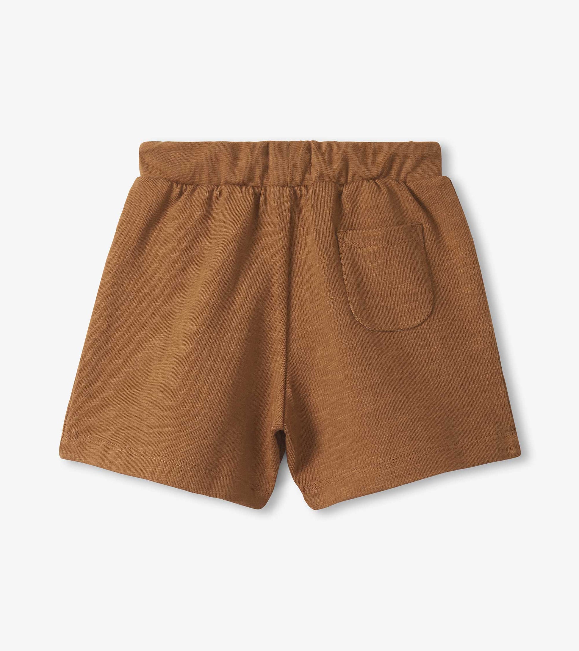 Brown toddler pull-on shorts with elastic waistband and back patch pocket, front view