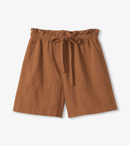 Brown high-waisted shorts with elastic waistband, drawstring tie, and front patch pockets, front view