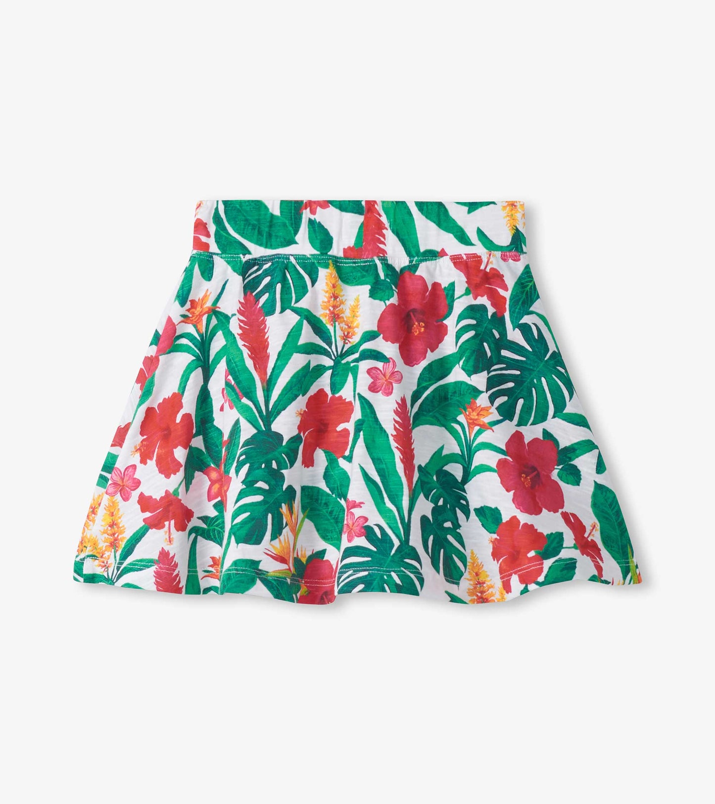 Girls tropical floral floaty skort with white background, green leaves, and red, pink, and yellow flowers