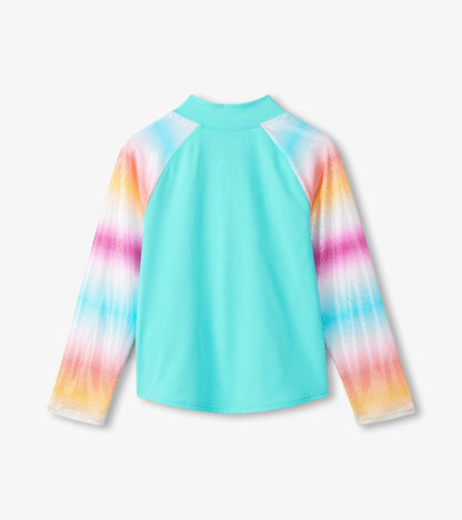 Girls Turquoise Shimmer Long Sleeve Two-Piece Rashguard Swimsuit