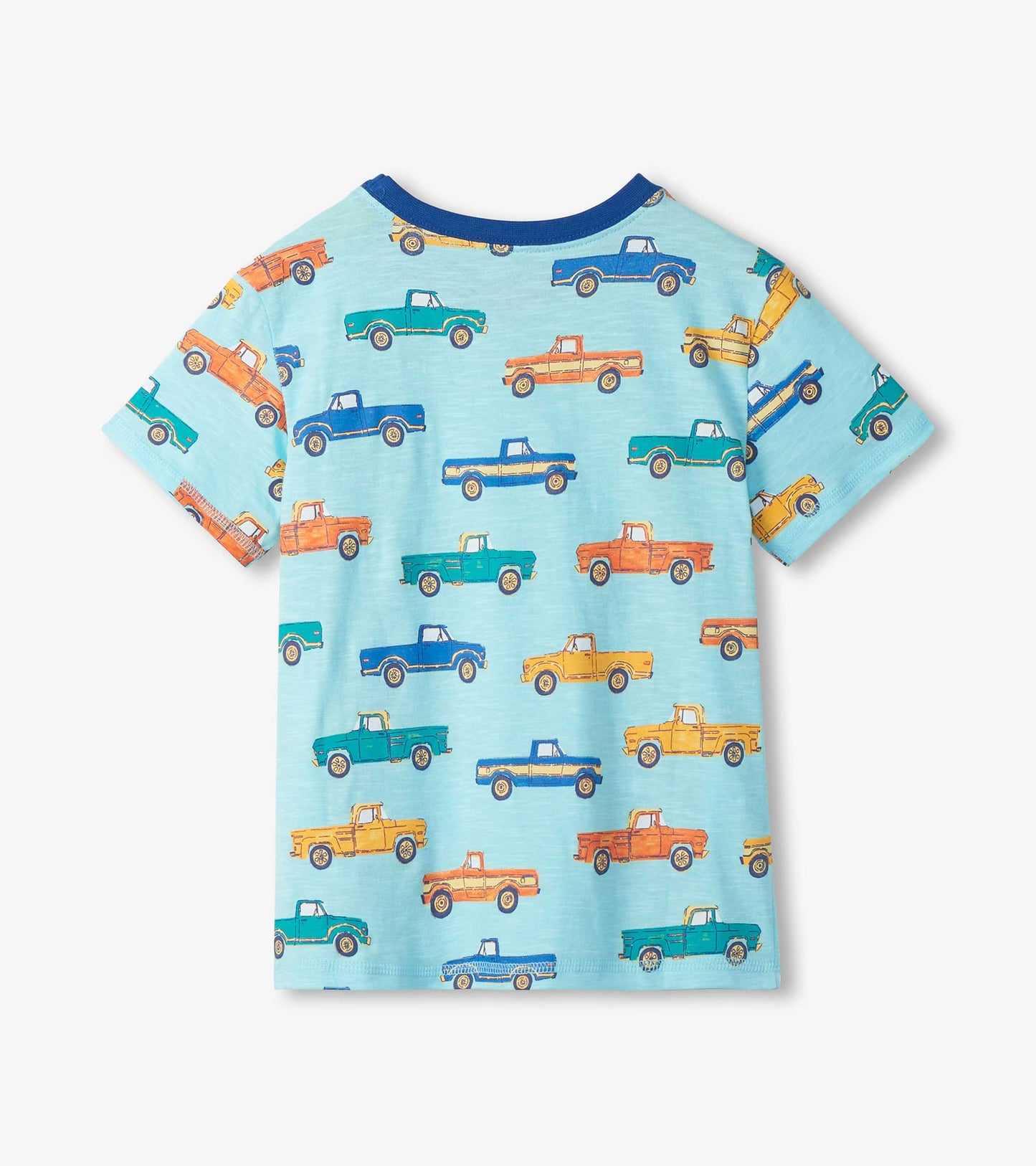 Light blue boys T-shirt with multicolor pickup truck print and dark blue crew neck, front view